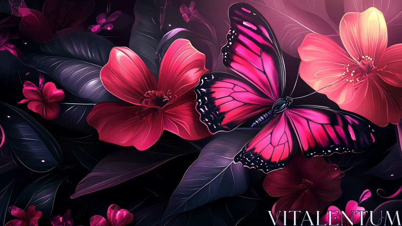 Neon pink butterfly rests among glowing tropical blooms.