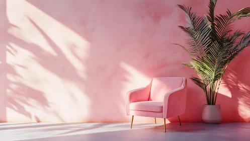 Pink lounge chair and potted palm against lit pastel wall.