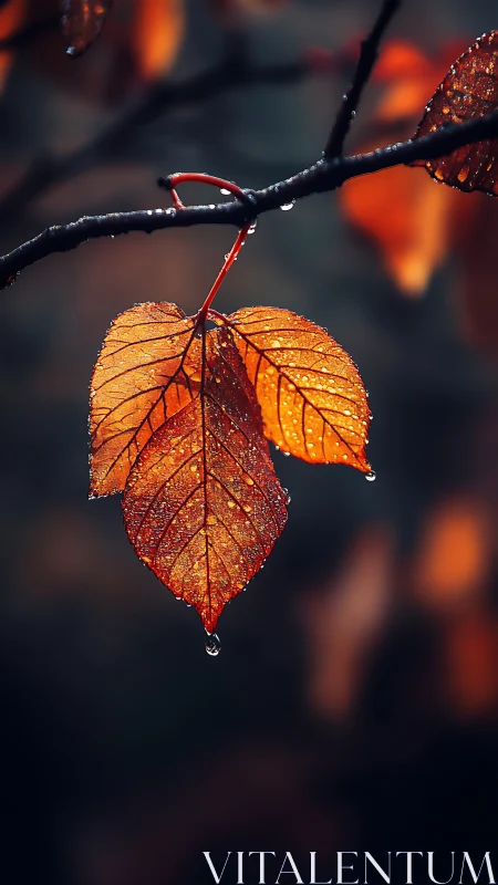 Close-up of wet orange autumn leaves on dark blurred branch.