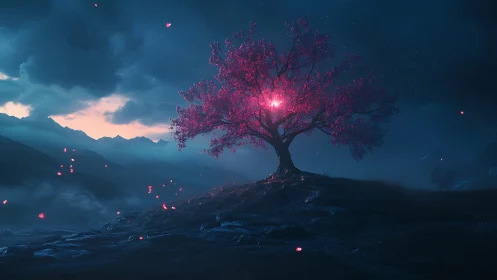 Luminous magenta tree emits volumetric glow in nocturnal valley