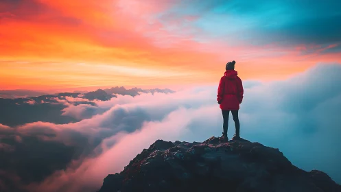 Photorealistic summit figure against vivid cloudscape horizon.
