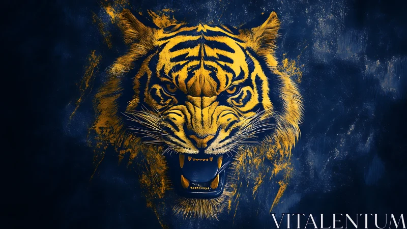 Stylized tiger head illustration on dark textured background.