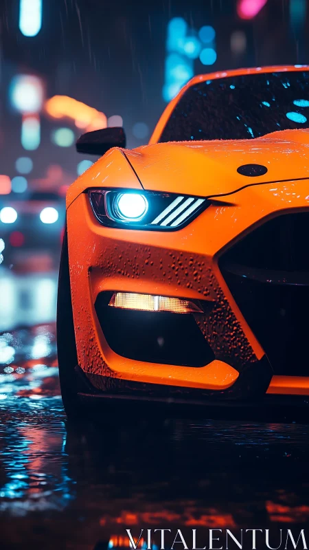 Orange sports car nose in neon city rain at night scene.