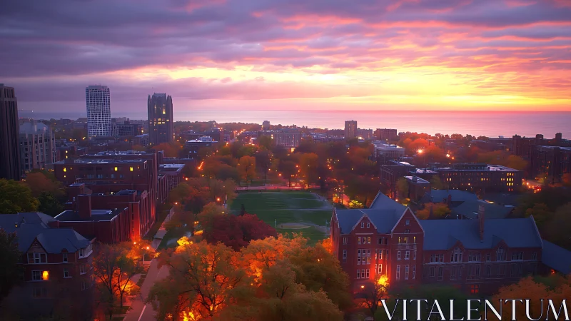 Sunrise pours warm light over a tranquil autumn campus skyline