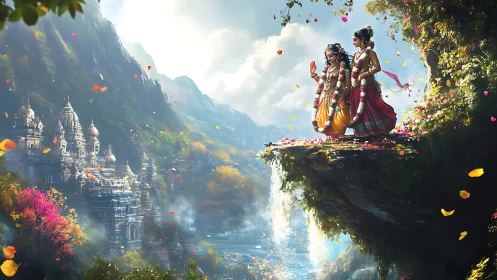 Two adorned figures stand on cliff ledge above temple valley