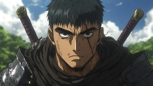 Scarred anime swordsman confronts danger under bright skies