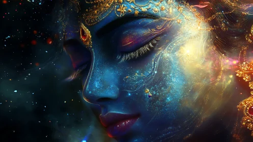 Starlit goddess face adrift in cosmic gold and nebula glow.