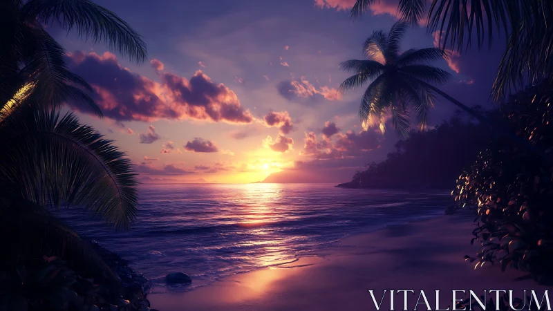 Tropical shoreline glows under a vivid violet sunset sky.