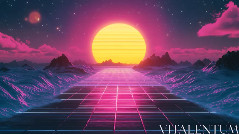 Neon sun dominates a retro-futuristic synthwave seascape horizon.