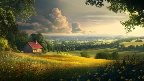 Rural hillside dwelling with fields under layered cloud sky.