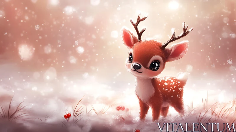 Gentle fawn in glowing snowfall on dreamy winter meadow.