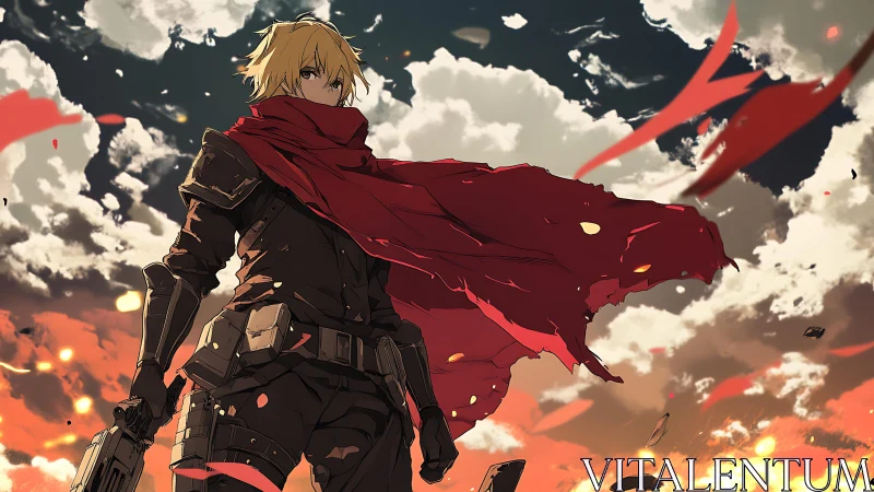 Scarlet-clad warrior amid blazing storm-swept skies.