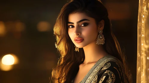 Elegant woman in traditional attire under warm lights.