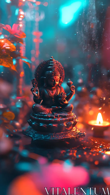 Neon-soaked Ganesh idol glows beside a single festival flame.