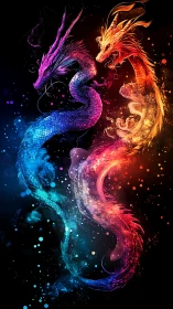 Twin elemental dragons swirling through cosmic color dance.