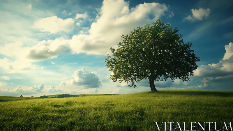 Lone tree on grassy hill under dramatic sky, realistic landscape.