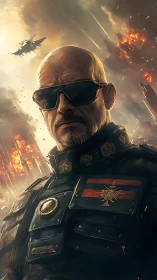 War-hardened star general stands amid burning skyward siege.