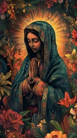 Praying Madonna icon glows amid ornate floral halo. Period.