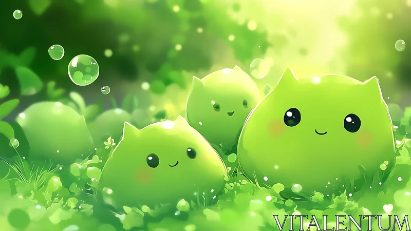 Adorable Green Creatures in Glowing Nature Scene
