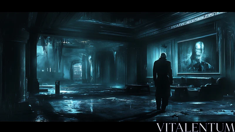 Man in long coat in decayed blue-lit corridor interior.