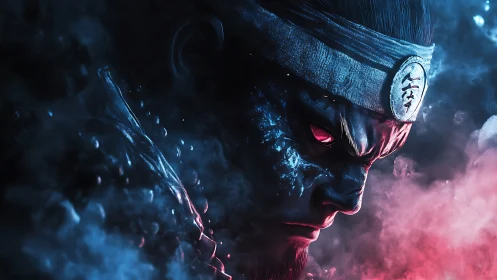 Demonic samurai warrior glares through red blue battle fog.
