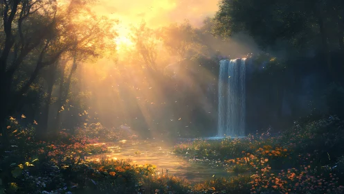 Golden sunlight pours over a tranquil forest waterfall
