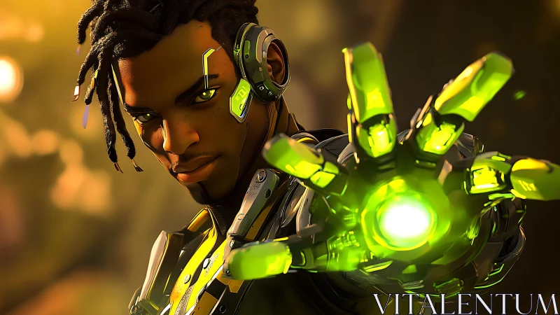 Cyborg subject extends luminous green cybernetic hand forward