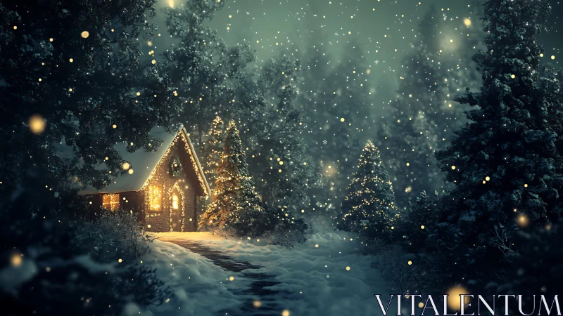 Snowy forest cabin glows warmly under drifting winter lights