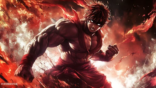 Fierce anime warrior charges through exploding firestorm.