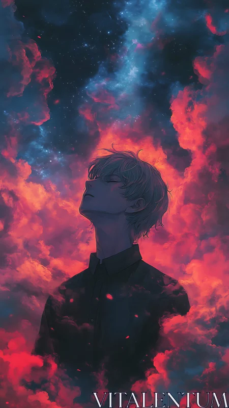 Solitary figure stands amid red cloud field under star belt