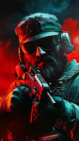 Tactical operator portrait in dual red cyan dramatic lighting.