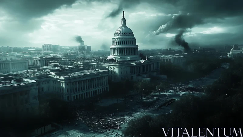 Capitol complex in a smoke filled, damaged urban landscape.