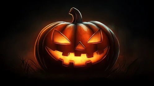 Glowing jack o lantern smiles warmly in the Halloween night