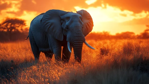 Gentle elephant wandering through a golden savanna sunset.