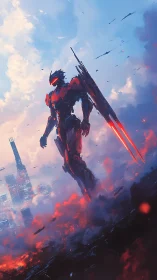 Crimson mecha sentinel strides above burning neon cityscape.
