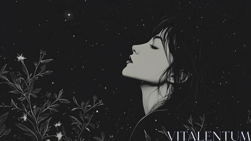 Monochrome profile portrait amid starfield and florals at night.