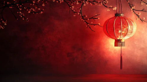 Red Chinese lantern hanging beside blooming cherry branches.
