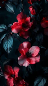 Red Flowers Against Dark Foliage Background