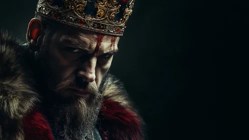Brooding crowned ruler wrapped in rich furs and shadows.