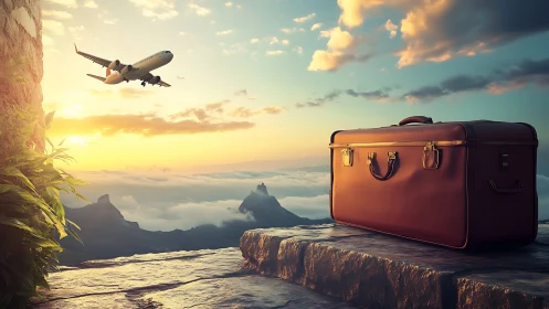 Sunlit leather suitcase overlooks mountain clouds as jet departs
