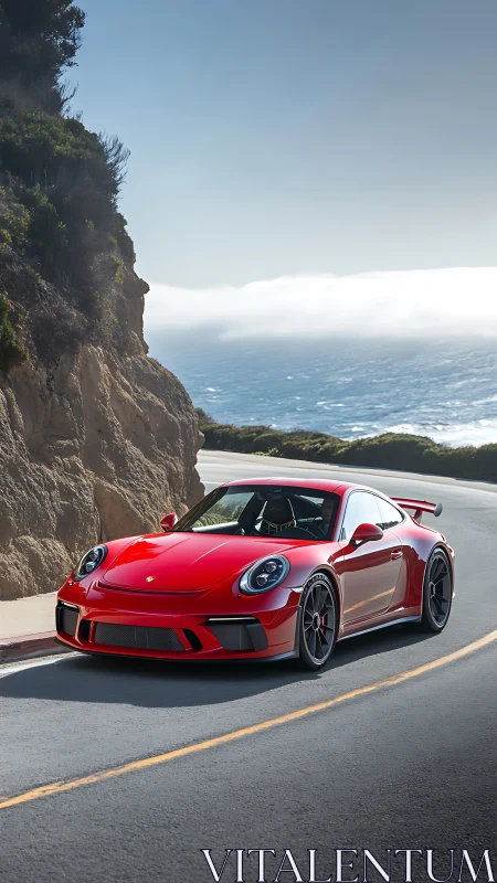 Bright red sports car enjoying a breezy coastal drive.