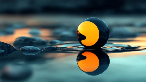 Glowing yin yang sphere floating on reflective water surface.
