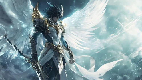 Winged armored warrior in luminous sky environment.