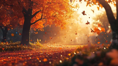 Digital painting of luminous autumn park path in golden haze.