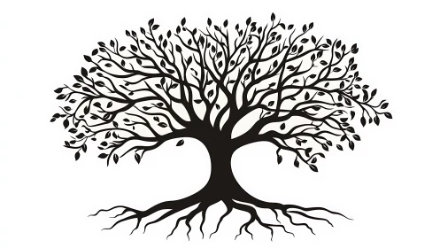 Symmetrical vector tree silhouette with bifurcating roots and canopy