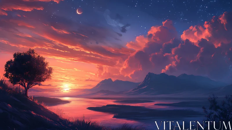 Twilight river dream under ember clouds and a silver crescent.