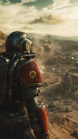 Lone space explorer gazing over a dusty frontier outpost.