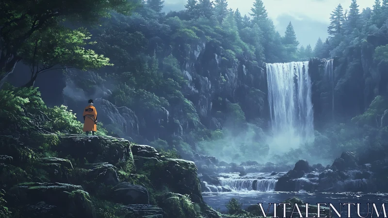 Wandering cloaked traveler studies the mist-wrapped cascade