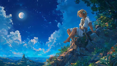 Luminous moonlit cliffside dreamer under expansive starfield