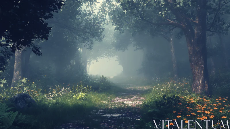Misty Forest Sanctuary Where Ancient Trees Guard Golden Blooms.